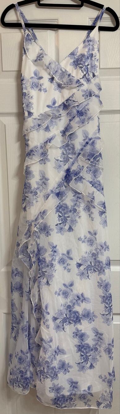 Lulus Medium So Gorgeous White and Blue Ruffled Lace Up Maxi Dress